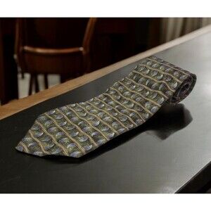 Paul Fredrick Tie Italian Silk Hand Tailored Green Gold Blue Paisley Grid Print